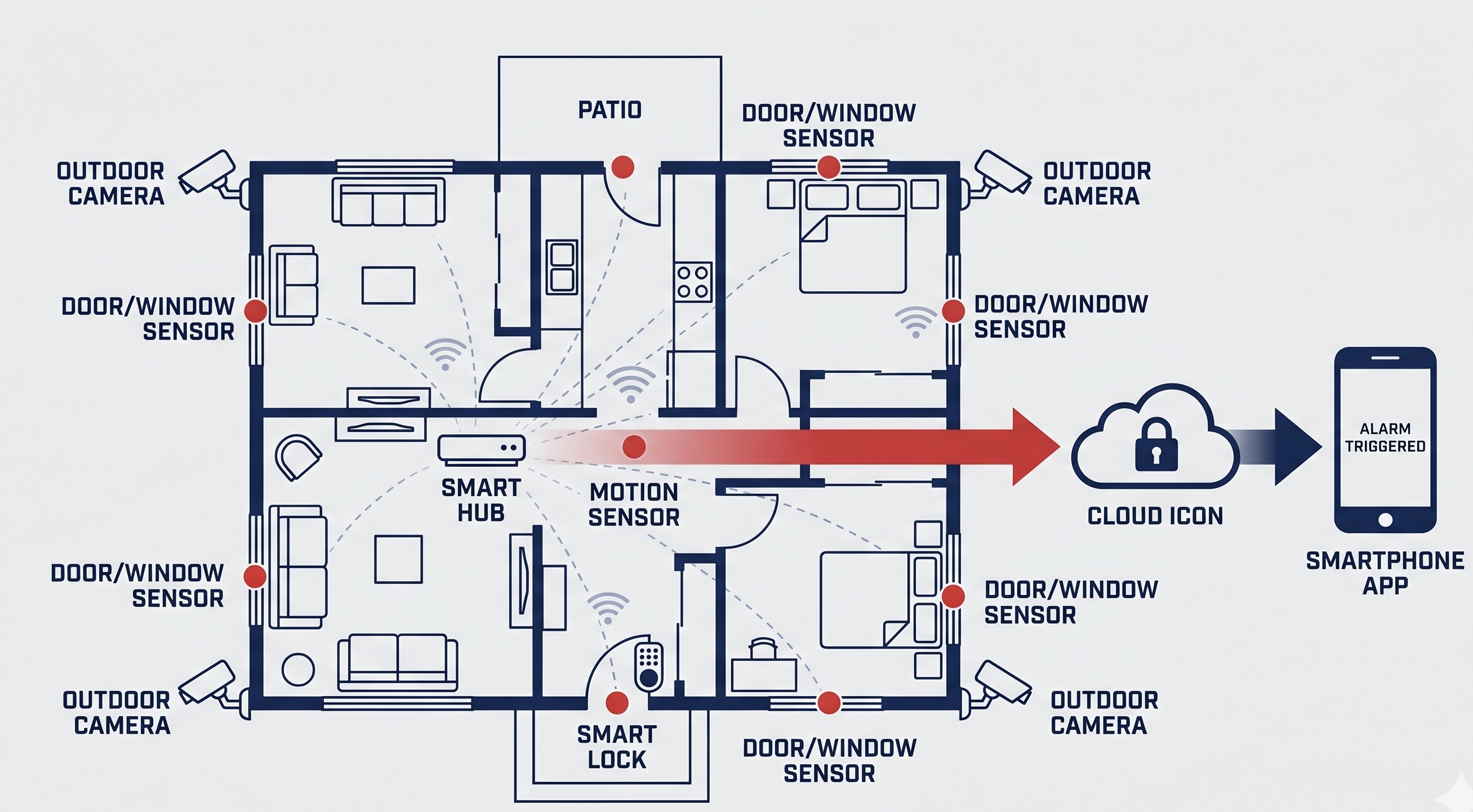 Diagram showing how a smart home security system connects cameras, sensors, hub, and monitoring