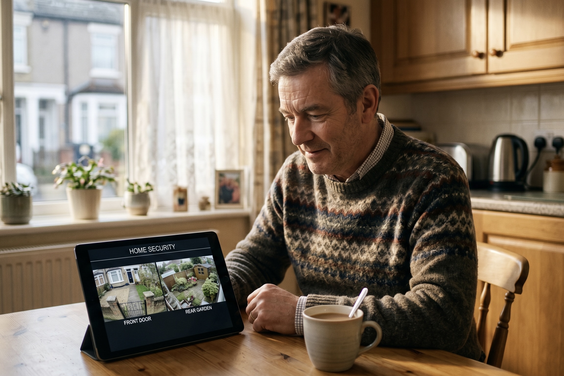 UK homeowner reviewing a smart security assessment on a tablet device